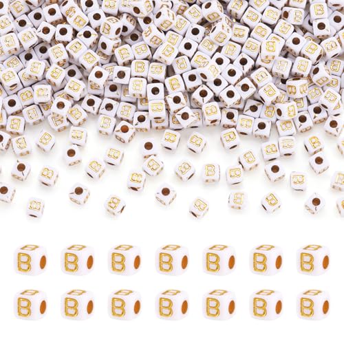 FASHEWELRY 500Pcs White Golden Letter Beads 4.5mm Square Alphabet Beads Acrylic Cube Letter B Beads for Friendship Bracelet Necklace Keychains Jewelry Making - color: Letter B