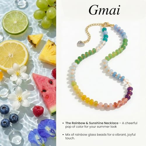 Gmai Layered Beaded Necklace for Women Colorful Trendy Snake Chain Circle Pendant Choker Gold Chain Adjustable Length Bohemian Rainbow Stackable Necklaces Jewelry Gift - style: Green yellow white string beads