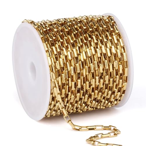 33 Feet Gold Rolo Box Chain Bulk, 3mm 18K Gold PVD Plated 304 Stainless Steel Square Link Cable Chains Roll Spool for Jewelry Making DIY Craft - color: 3MM Gold Rolo Box Chain