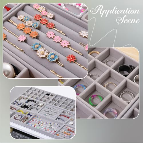 2Pcs 5 x 8.3 Inch Velvet Jewelry Trays Stackable Jewelry Organizer Removable Divider 12 Grids Divided Gray Necklace Storage Container Box Dresser Drawer Case for Earring Ring Display Showcase - style: 12 Grids