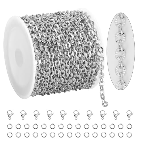 KYUNHOO 5 Meters Flat Circle Chain Roll Silver Jewelry Chains for Making Jewelry Stainless Steel Chain Bulk Thin Cable Chains Sunflower Texture Chain for Crafts Making - color: Oval Silver