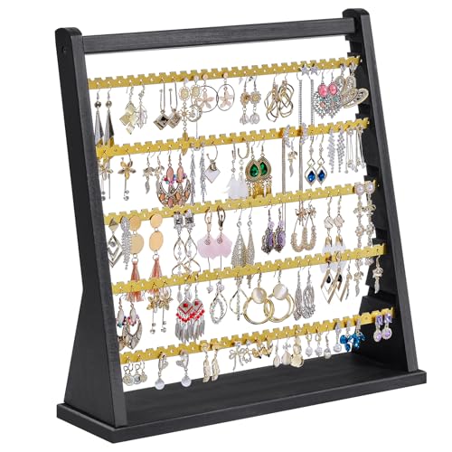 Poyilooo Earring Organizer Stand, Rustic Wood Earring Holder Rack, 5 Layer Jewelry Holder Organizer with 270 Earring Tree Holes Display for Stud Earings & Hoop Earrings, Gifts for Women (Black&gold) - color: Black&gold