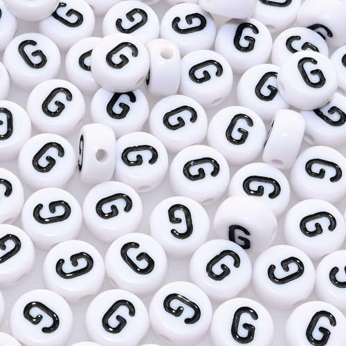 Amaney 100pcs G Letter Beads 7x4mm White Round Acrylic Black Alphabet for Bracelet Jewelry Making - color: G