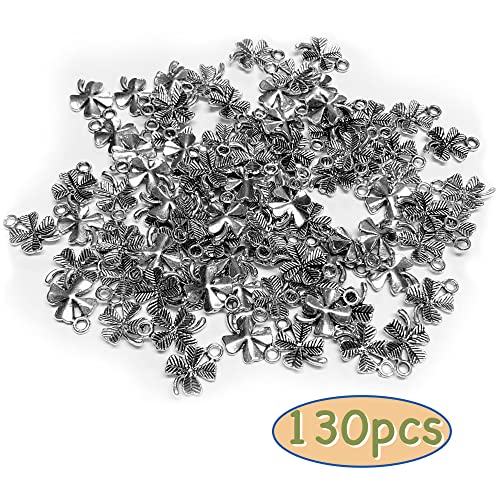 Heather's cf Four Leaf Clover Silver Leaf Beads 100-150 Pcs Leaves Craft Antique Leaf Charms for Crafting Leaf Pendant Charm for Necklace Bracelet Earring Making Fall Leaf Beads Set - color: Silver Clover