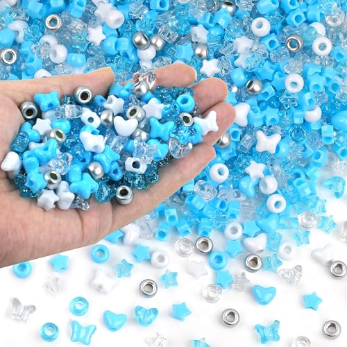 1000Pcs Blue White Transparent Glitter Winter Pony Beads Plastic Heart Butterfly Star Beads for Friendship Bracelet Making 6x9mm with 4mm Hole, Festive Supplies for DIY Jewelry & Holiday Decor - color: Multicolor Round Heart Star Butterfly for Winter