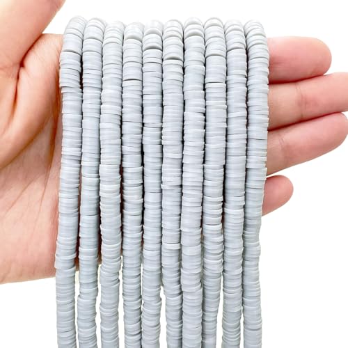 10 Strands Clay Bead, Heishi Beads for Bracelet Stack, Earth Tone Clay Beads for Adults, Flat Beads Kit for Friendship Bracelets, Neutral Beads Bracelet Making Kit(Grey) - color: Grey