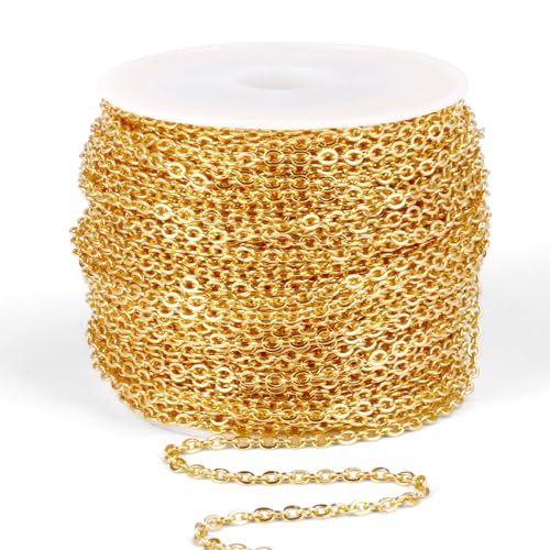 [66 Feet/ 20M] 18K Gold Plated Stainless Steel Chain Bulk, 2mm 304 Stainless Steel Chains Flat Cable Link Chain Bulk for Jewelry Making DIY Craft - color: Gold Color, size: 2.0mm width