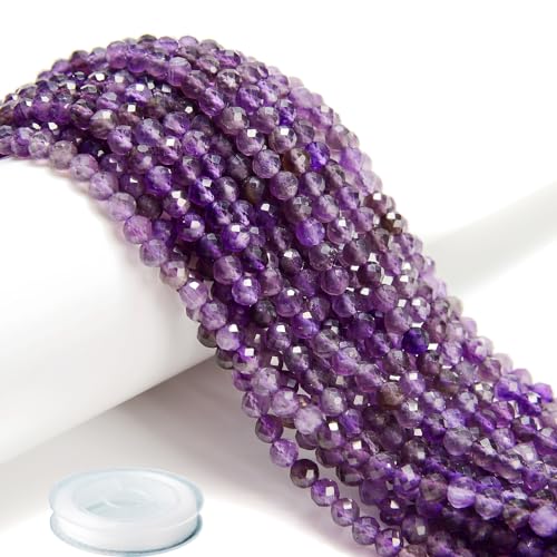 AD Beads Natural Gemstone Diamond-Cut Micro-Faceted Round Small-Size Tiny 4mm Small Round for DIY Necklace Jewelry Making Beads (Amethyst) - color: Amethyst