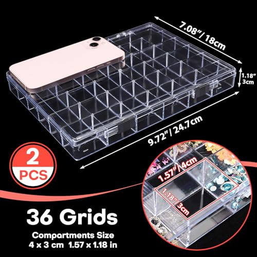 Noverlife 2 Pack 36 Grids Clear Plastic Organizer Box, Jewelry Craft Storage Container Bead Holder Nail Charm Organizer, Rock Collection Box for Fishing Tackles, Acrylic Earring Display Case for Girls - size: 36 Grids - 2 Packs