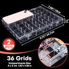 Noverlife 2 Pack 36 Grids Clear Plastic Organizer Box, Jewelry Craft Storage Container Bead Holder Nail Charm Organizer, Rock Collection Box for Fishing Tackles, Acrylic Earring Display Case for Girls - size: 36 Grids - 2 Packs