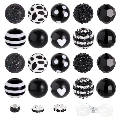 35 Pcs Chunky Bubblegum Beads 20mm Focal Pen Large Rhinestone Pearl Bead with Rhinestone Large Hole European Spacer Bead for DIY Beadable Pen Jewelry Making Keychain Craft Making(Black) - color: Black