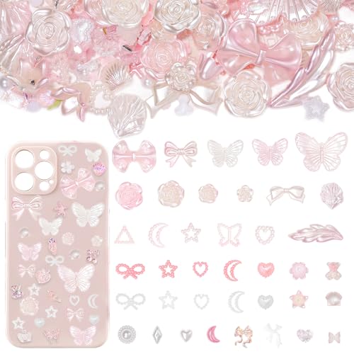 Junk Case Charms Kit 3D Resin ABS Rose Flower Bows Butterfly Assorted Jewelry Beads, Pink White Bows Moon Heart Pearls Flatback Resin Charms for Craft DIY -S1 - color: color-S1