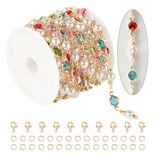 KYUNHOO 3 Meters Pearl Chains for Jewelry Making, Mixed Color Rhinestone Beaded Chains Bulk with Jump Rings and Lobster Clasps for Crafts DIY Supply Findings - color: Gold
