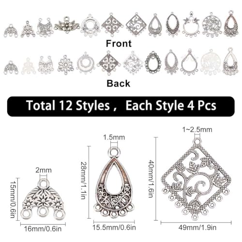 SUNNYCLUE 1Box 48Pcs 12 Style Tibetan Flower Alloy Chandelier Connector Charms Findings Teardrop Hat Oval Components Links for Earring Drop and Charm Pendant, Antique Bronze - color: 48pcs 12 Style Silver Color