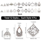 SUNNYCLUE 1Box 48Pcs 12 Style Tibetan Flower Alloy Chandelier Connector Charms Findings Teardrop Hat Oval Components Links for Earring Drop and Charm Pendant, Antique Bronze - color: 48pcs 12 Style Silver Color