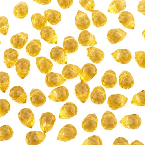 100pcs Golden Yellow Faceted Crystal Glass Beads 8x10mm, Shiny Teardrop Glass Beads for Jewelry Making, Crystal Beads for Bracelet Necklace Earring DIY Craft - color: Golden Yellow