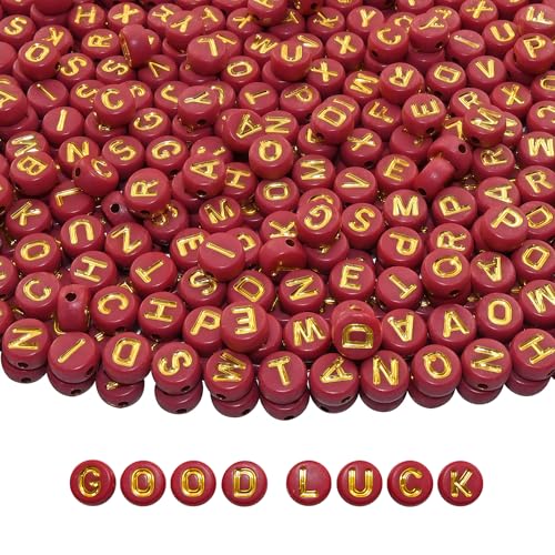 Amaney 1000pcs Red Letter Beads Gold Beads 7x4mm for Jewelry Making Bracelet Hair Braids Crafts Christmas Decorations - color: RedGold