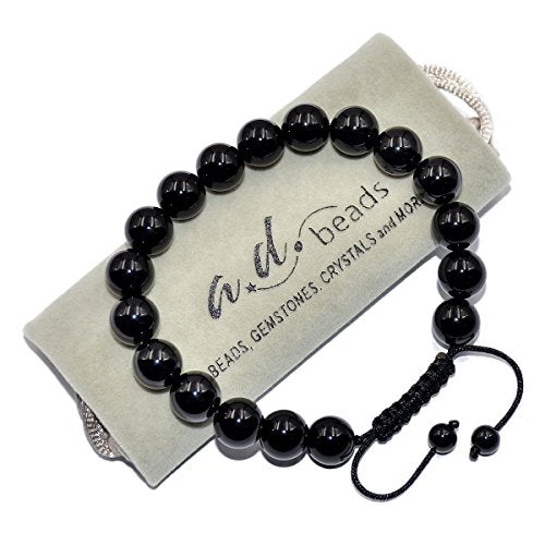 AD Beads Natural 10mm Gemstone Bracelets Healing Power Crystal Macrame Adjustable 7-9 Inch - color: Black Onyx