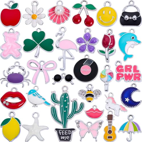 Silver-Tone Enamel Charms Set for DIY Jewelry Making - 30 PCS Colorful Metal Pendants for Bracelets, Necklaces, Keychains - Cute Craft Supplies, Gift for Womens - color: Assorted