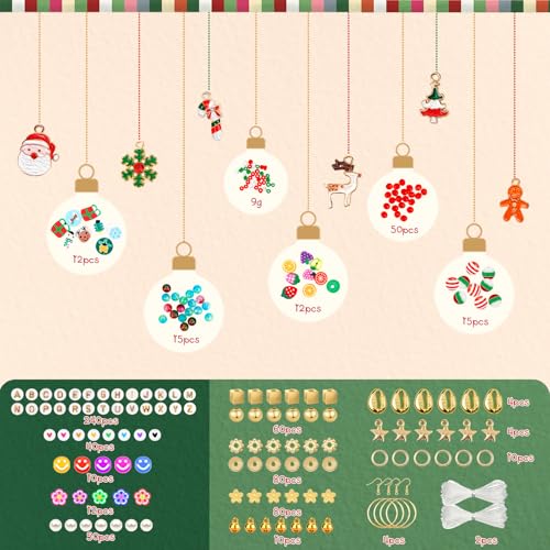 Gionlion Christmas Bracelet Making Kit, Clay Beads Friendship Bracelet Kit Christmas Crafts Gifts, Gold Beads Charm Bracelet Maker Set Preppy Jewelry Making Kit Gifts - style: Christmas Limited