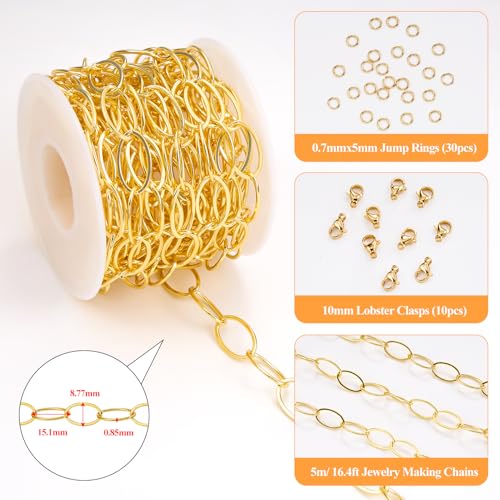 YOUBEIYEE 5 Meters Gold Plated Oval Jewelry Making Chains Roll Stainless Steel Chain Bulk for Women Necklace DIY - color: Ellipse Gold