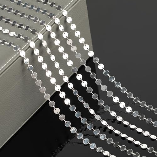 YOUBEIYEE 16.4 Feet Silver Sequin Chains for Jewelry Making Silver Plated Brass Jewelry Chain Roll with Jump Rings and Lobster Clasps - color: Sequin