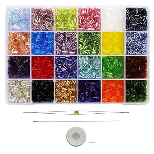 Size 6mm Glass Bugle Beads with Beading Needles About 7200pcs in Box,24 Multicolor Assortment Length 6mm Tube Beads for Jewelry Making (300pcs/Color, 24 Colors) - color: Multicolor