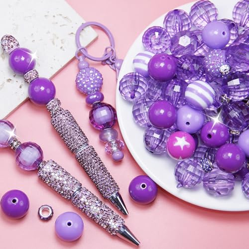 106Pcs 20mm Beads for Pens Making with Rondelle Spacer Beads Purple Acrylic Focal Bubblegum Bead Crystal Round Sparkly Chunky Bead for Pens Beadable Keychain Necklace DIY Craft Jewelry Making Supplies - color: Purple