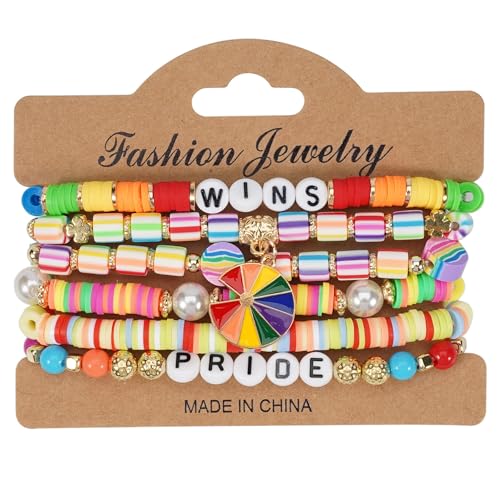 6Pcs Rainbow Clay Heishi Beads Bracelet Set for Women Men, Boho Stackable Elastic Beaded Jewelry with Pride/Wins/Love Charms, Colorful LGBTQ+ Support Accessories, Summer Beach Friendship Gifts - color: Rainbow-01