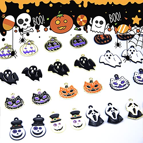Anower 36 Pcs Halloween Charms Pendants Assorted Gold Black Plated Enamel Pumpkin Ghost Clown Wizard Hat Halloween Charms for Jewelry Making DIY Necklace Bracelet Earring Supplies Accessories