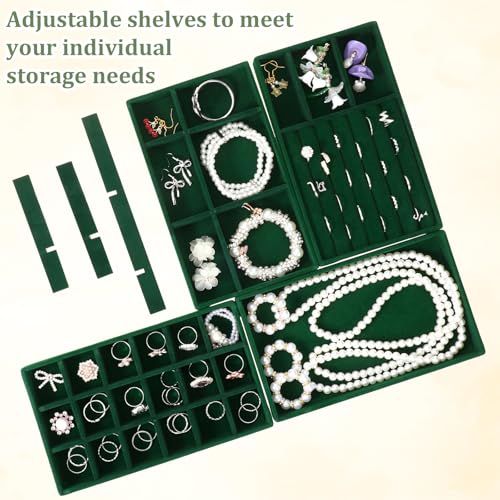 Dimeho Set of 8 Stackable Jewelry Trays Velvet Jewelry Organizer Display Case Storage Drawer Inserts Jewlery Container for Necklace Bracelet Rings Watch Earrings (Green)
