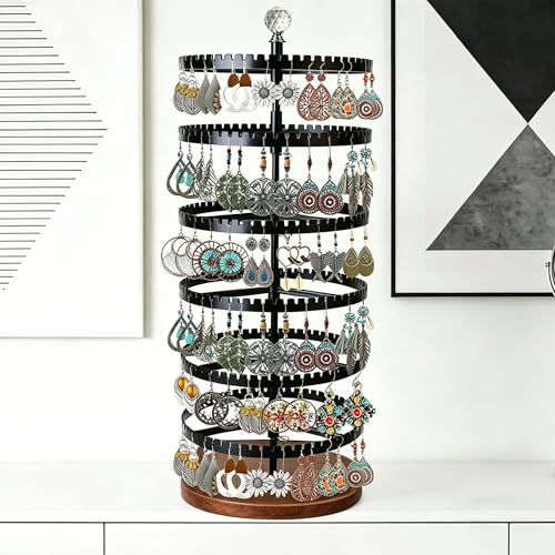 6-story rotating earring rack storage rack, adjustable plastic pendant display rack, 348 grooves on the tree band, large circular storage tower, black wooden disc design - color: B Black
