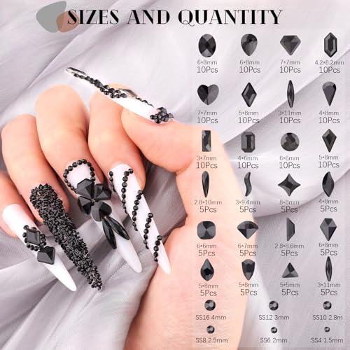 Glass Nail Rhinestones Multi-Shapes Flatback Gems, Round Crystal Glue Gel + 1500Pcs,arty Nails Diamond Gemstones - color: Black with Glue