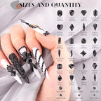 Glass Nail Rhinestones Multi-Shapes Flatback Gems, Round Crystal Glue Gel + 1500Pcs,arty Nails Diamond Gemstones - color: Black with Glue