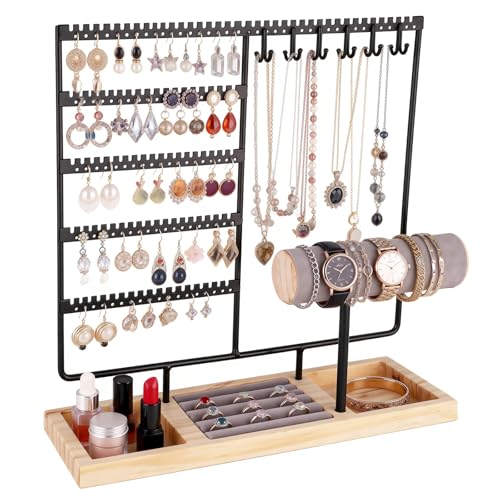 Ciormis 5 Tier Jewelry Holder Organizer, 72 Holes Earring Tree Holder Organizer 12 Hooks Necklace Rack Display Holder with Ring Storage Tray Bracelet Display Holder for Preppy Girl Friend Gift(Black) - color: Black-new