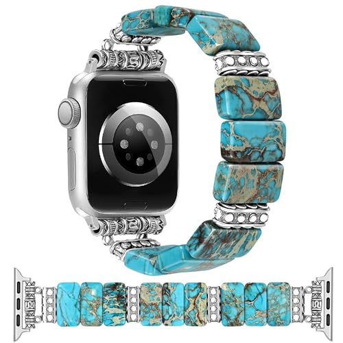Newlibery Beaded Natural Stone Bracelet Band Women Compatible with Apple Watch 38/40/41/42mm(S10/11) Boho Elastic Western Vintage Imperial Stone Strap for iWatch Series 11/10/9/8/7/6/5/4/3/2/1/SE - color: A2 Turquoise Blue, size: 38/40/41/42mm(S10/11)-L (