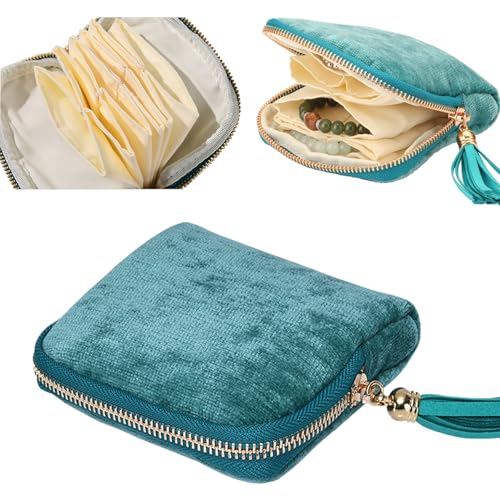 Small Travel Jewelry Organizer Bag Soft Lined Zipper Storage Bag with Tassel Portable Small Jewelry Travel Case for Rings Earrings Necklaces Bracelets, Anti-Scratch Jewelry Holder Pouch for Women Girl - color: Teal