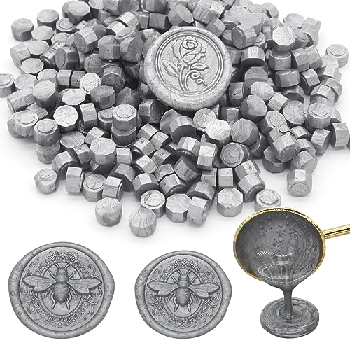 250pcs Wax Seal Beads Silver, Andotopee Premium Sealing Wax Beads for Stamp Seals, Octagon Metallic Seal Stamp Pellets Refill Pack for Wedding Invitation, Letter Envelope, Scrapbook DIY Crafts - color: Silver