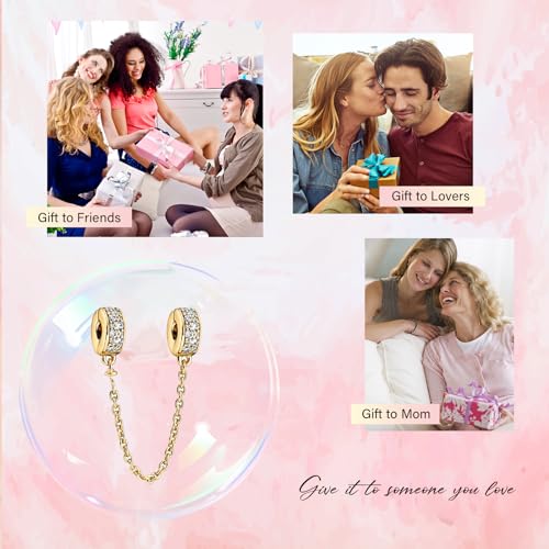 S925 Bead Dangle Charms for Bracelets Necklaces, Compatible with Pandora - style: Sparkling Pavé CZ Safety Chain 14K Gold Plated