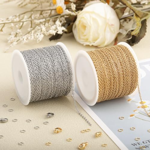SMYHTGLIF 2 Rolls Total 65.6 Feet Oval Cable Chain for Jewelry Making Gold & Silver Stainless Steel Jewelry Making Chains DIY Craft Jewelry Findings - size: 1.9×1.5mm