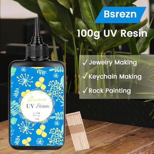Bsrezn 100g UV Resin Hard with 8 Wooden Sticks Premixed Resina UV for Jewelry Making (100g x 1) - size: 100g with 8 Wooden Sticks