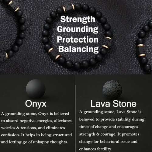 Elastic Adjustable Mens Bracelet - 8mm Black Onyx & Lava Stone Beads Bracelets Jewelry Gift for Men, Beads Charm Bracelet with Elastic Cord, Birthday Gifts for Him Dad Husband