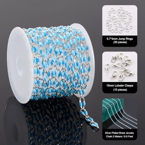 YOUBEIYEE 2 Yard Silver Plated Blue Chains Bulk Enamel Link Chain for Women Bracelet Necklace DIY Brass Chains for Jewelry Making - color: Blue Silver