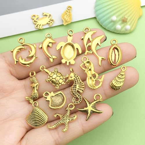 Sailanzi 100pcs Antique Golden Ocean Series Starfish Pendant Jewelry Making DIY Keychain Earrings Pendant Various Design Charms for Jewelry Making Bracelets Necklace (SN882) - color: SN882