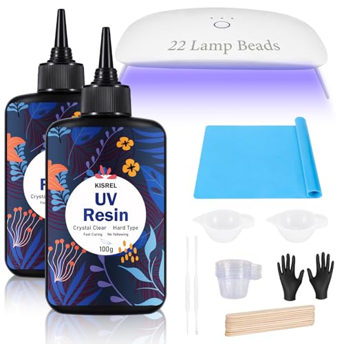 KISREL UV Resin Kit With 22 Lamp Beads Light - Larger Size and 200g Upgraded Hard Type Crystal Clear Resin for Craft Jewelry Making - size: UV200g+22 Lamp Beads