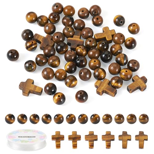 Beadthoven 52pcs Cross Stone Beads 8mm Tiger Eye Beads Natural Stone Gemstone Beads Loose Round Cross Spacers Easter Mini Bead Crucifix Beads for Bracelets Necklace Jewelry Making DIY - color: Tiger Eye