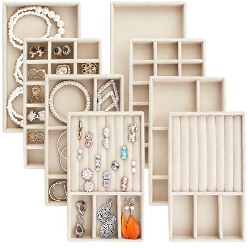 Jewelry Trays,Velvet Stackable Organizer Trays,Drawer Inserts Jewelry Display Case For Rings Stud Necklaces Earring Organizer Tray for Women Girls-8 Pack (Beige) - color: Beige