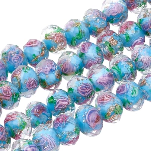 1 Box 60PCS Blue Rose Lampwork Glass Beads with Hole Gold Sand Rondelle Faceted Flower Floral Handmade Spacer Loose Bead Bulk for Jewelry Making Necklaces Bracelet Earrings Diy Craft Supply - color: Blue, size: 60pcs