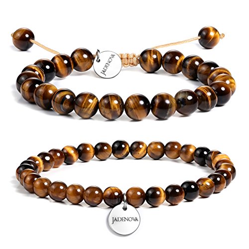 JADENOVA Natural Bead Bracelet Semi Precious Gemstone Beaded Bracelet for Women Healing Crystal Stone Stretch Bracelet Men Couple Bracelets (2pcs,6-8mm/8-10mm) - color: Yellow Tiger Eye, size: 6mm/8mm