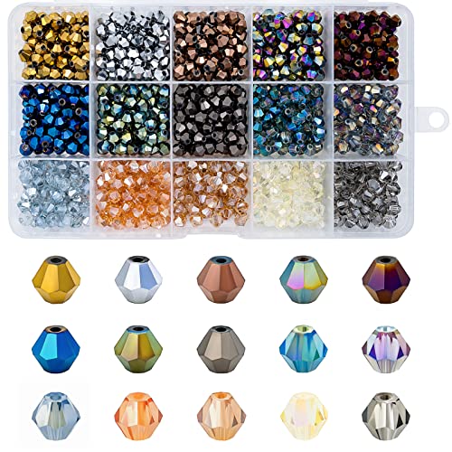 1800pcs 4mm Crystal Beads for Jewelry Making, Bicone Bracelet Bead Faceted Glass Beads 15 Plated Metallic Colors Craft Bead for Necklace Earring Jewelry Making - size: 4mm